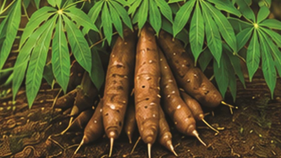 Freshly harvested cassava roots lying in the soil beneath green leaves