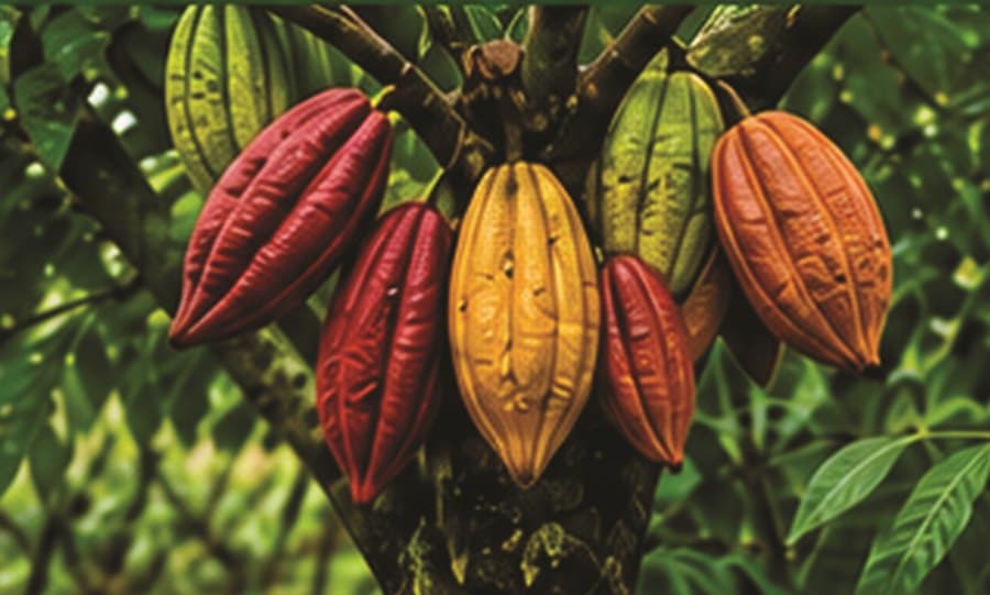 Ripe cocoa pods in red, orange and yellow growing on the tree trunk