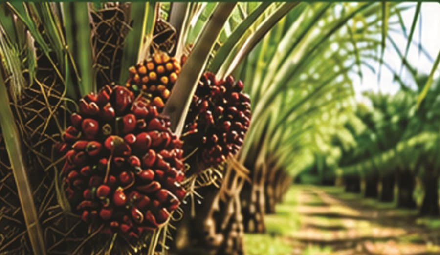 Clusters of red oil palm fruit beside a row of mature palms
