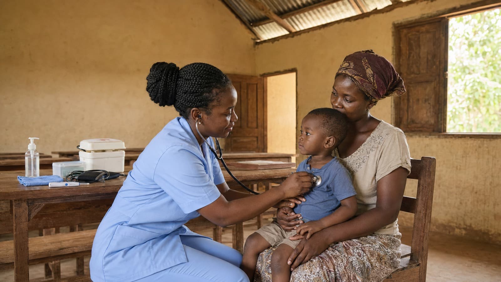 A nurse listening to a young child's heartbeat during a community health visit