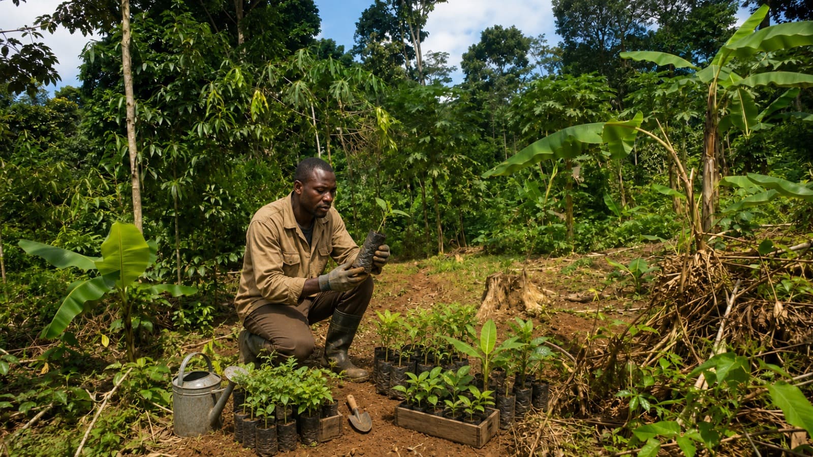 A farmer tending rows of young seedlings in nursery bags before planting